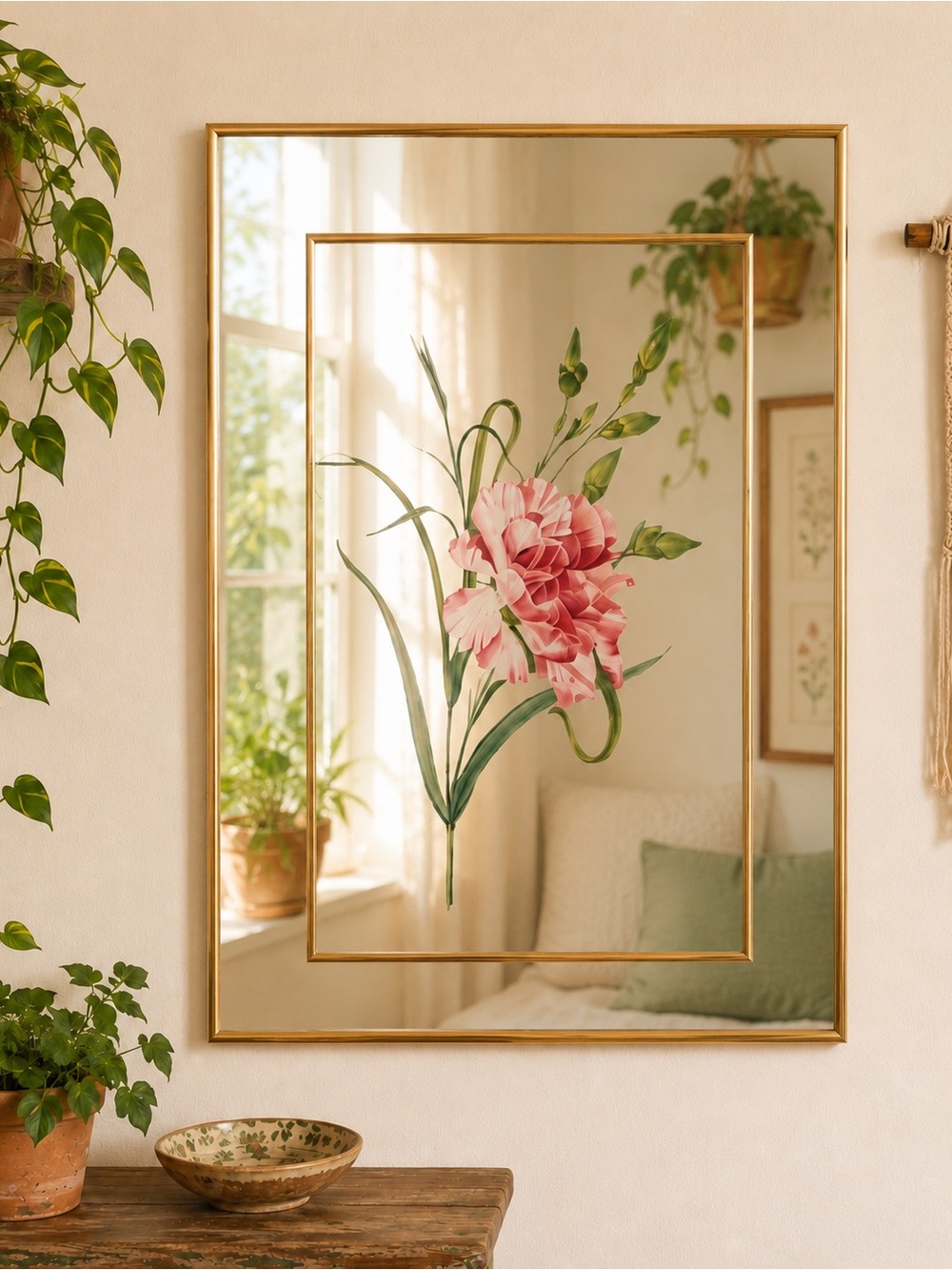 Vintage Floral Wall Mirror Lily Gold Framed Cottagecore Boho 16x21” 80’s retro